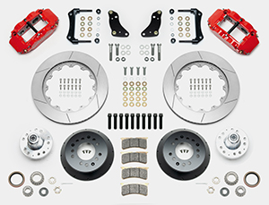 Wilwood Forged Narrow Superlite 6R Big Brake Front Brake Kit (Hub) Parts Laid Out - Red Powder Coat Caliper - GT Slotted Rotor