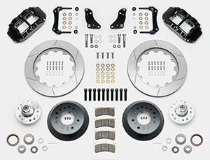 Wilwood Forged Narrow Superlite 6R Big Brake Front Brake Kit (Hub) Parts Laid Out - Black Powder Coat Caliper - GT Slotted Rotor