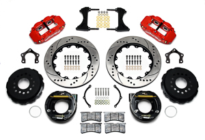 Wilwood Forged Narrow Superlite 4R Big Brake Rear Parking Brake Kit Parts Laid Out - Red Powder Coat Caliper - SRP Drilled & Slotted Rotor