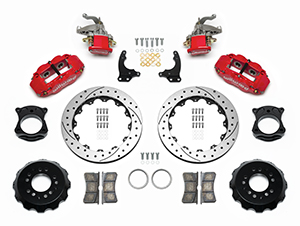 Wilwood Forged Narrow Superlite 4R-MC4 Big Brake Rear Parking Brake Kit Parts Laid Out - Red Powder Coat Caliper - SRP Drilled & Slotted Rotor