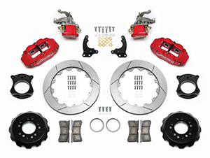 Wilwood Forged Narrow Superlite 4R-MC4 Big Brake Rear Parking Brake Kit Parts Laid Out - Red Powder Coat Caliper