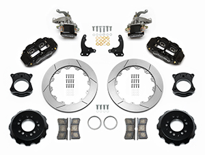 Wilwood Forged Narrow Superlite 4R-MC4 Big Brake Rear Parking Brake Kit Parts Laid Out - Black Powder Coat Caliper