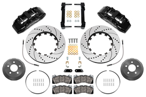 Wilwood SX6R Big Brake Dynamic Front Brake Kit Parts Laid Out - Black Powder Coat Caliper - SRP Drilled & Slotted Rotor