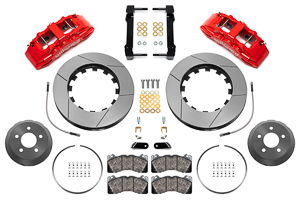 Wilwood SX6R Big Brake Dynamic Front Brake Kit Parts Laid Out - Red Powder Coat Caliper - GT Slotted Rotor