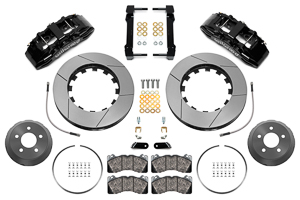 Wilwood SX6R Big Brake Dynamic Front Brake Kit Parts Laid Out - Black Powder Coat Caliper - GT Slotted Rotor