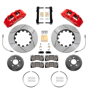 Wilwood SX6R Big Brake Dynamic Front Brake Kit Parts Laid Out - Red Powder Coat Caliper - GT Slotted Rotor