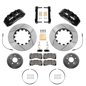 Wilwood SX6R Big Brake Dynamic Front Brake Kit Parts Laid Out - Black Powder Coat Caliper - GT Slotted Rotor