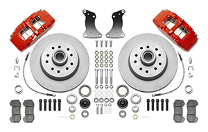 Wilwood Classic Series Dynapro 6 Front Brake Kit Parts Laid Out - Red Powder Coat Caliper - Plain Face Rotor