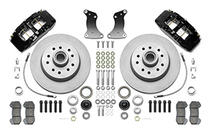 Wilwood Classic Series Dynapro 6 Front Brake Kit Parts Laid Out - Black Powder Coat Caliper - Plain Face Rotor