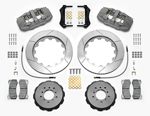 Wilwood AERO6 Big Brake Front Brake Kit (Race) Parts Laid Out - Type III Anodize Caliper - GT Slotted Rotor