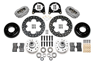 Wilwood Forged Dynalite Front Drag Brake Kit Parts Laid Out - Type III Anodize Caliper - Drilled Rotor