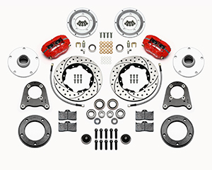 Wilwood Forged Dynalite Pro Series Front Brake Kit Parts Laid Out - Red Powder Coat Caliper - SRP Drilled & Slotted Rotor