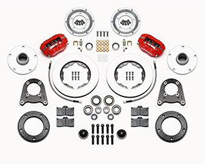 Wilwood Forged Dynalite Pro Series Front Brake Kit Parts Laid Out - Red Powder Coat Caliper - Plain Face Rotor