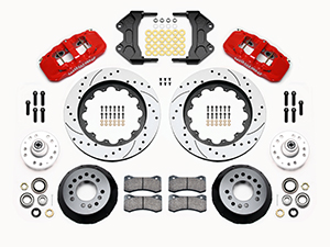 Wilwood AERO6 Big Brake Front Brake Kit Parts Laid Out - Red Powder Coat Caliper - SRP Drilled & Slotted Rotor