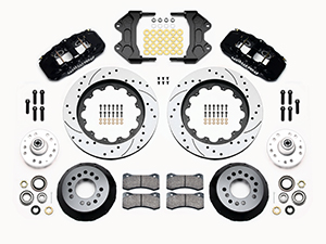 Wilwood AERO6 Big Brake Front Brake Kit Parts Laid Out - Black Powder Coat Caliper - SRP Drilled & Slotted Rotor