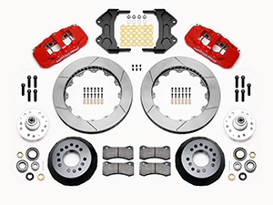 Wilwood AERO6 Big Brake Front Brake Kit Parts Laid Out - Red Powder Coat Caliper - GT Slotted Rotor