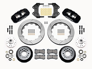 Wilwood AERO6 Big Brake Front Brake Kit Parts Laid Out - Black Powder Coat Caliper - GT Slotted Rotor