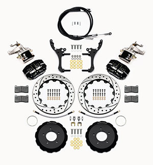 Wilwood Dynapro Radial-MC4 Rear Parking Brake Kit Parts Laid Out - Black Powder Coat Caliper - SRP Drilled & Slotted Rotor