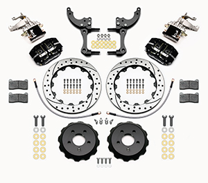 Wilwood Dynapro Radial-MC4 Rear Parking Brake Kit Parts Laid Out - Black Powder Coat Caliper - SRP Drilled & Slotted Rotor