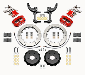 Wilwood Dynapro Radial-MC4 Rear Parking Brake Kit Parts Laid Out - Red Powder Coat Caliper - GT Slotted Rotor