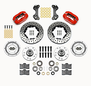 Wilwood Forged Dynalite Pro Series Front Brake Kit Parts Laid Out - Red Powder Coat Caliper - SRP Drilled & Slotted Rotor