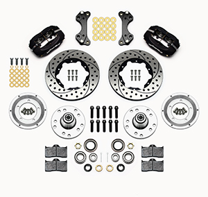 Wilwood Forged Dynalite Pro Series Front Brake Kit Parts Laid Out - Type III Anodize Caliper - SRP Drilled & Slotted Rotor