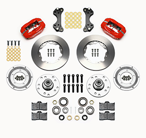 Wilwood Forged Dynalite Pro Series Front Brake Kit Parts Laid Out - Red Powder Coat Caliper - Plain Face Rotor