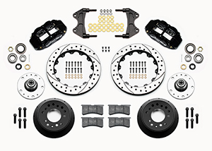 Wilwood Forged Narrow Superlite 6R Big Brake Front Brake Kit (5 x 5 Hub) Parts Laid Out - Black Powder Coat Caliper - SRP Drilled & Slotted Rotor