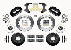 Wilwood Forged Narrow Superlite 6R Big Brake Front Brake Kit (5 x 5 Hub) Parts Laid Out - Black Powder Coat Caliper - GT Slotted Rotor