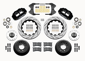 Wilwood Forged Narrow Superlite 6R Big Brake Front Brake Kit (5 x 5 Hub) Parts Laid Out - Black Powder Coat Caliper - SRP Drilled & Slotted Rotor