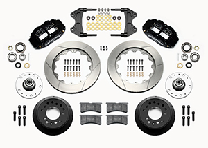 Wilwood Forged Narrow Superlite 6R Big Brake Front Brake Kit (5 x 5 Hub) Parts Laid Out - Black Powder Coat Caliper - GT Slotted Rotor