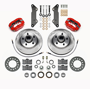 Wilwood Classic Series Dynalite Front Brake Kit Parts Laid Out - Red Powder Coat Caliper - Plain Face Rotor