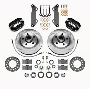 Wilwood Classic Series Dynalite Front Brake Kit Parts Laid Out - Black Powder Coat Caliper - Plain Face Rotor