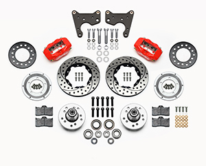 Wilwood Forged Dynalite Pro Series Front Brake Kit Parts Laid Out - Red Powder Coat Caliper - SRP Drilled & Slotted Rotor