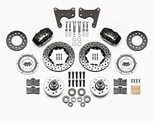 Wilwood Forged Dynalite Pro Series Front Brake Kit Parts Laid Out - Black Powder Coat Caliper - SRP Drilled & Slotted Rotor