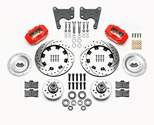 Wilwood Forged Dynalite Big Brake Front Brake Kit (Hub) Parts Laid Out - Red Powder Coat Caliper - SRP Drilled & Slotted Rotor