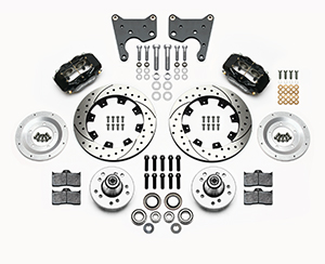 Wilwood Forged Dynalite Big Brake Front Brake Kit (Hub) Parts Laid Out - Black Powder Coat Caliper - SRP Drilled & Slotted Rotor