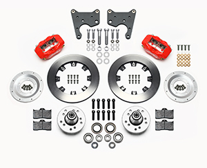 Wilwood Forged Dynalite Big Brake Front Brake Kit (Hub) Parts Laid Out - Red Powder Coat Caliper - Plain Face Rotor