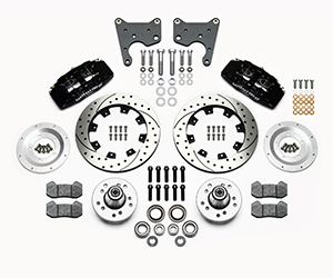 Wilwood Forged Dynapro 6 Big Brake Front Brake Kit (Hub) Parts Laid Out - Black Powder Coat Caliper - SRP Drilled & Slotted Rotor