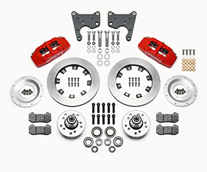 Wilwood Forged Dynapro 6 Big Brake Front Brake Kit (Hub) Parts Laid Out - Red Powder Coat Caliper - Plain Face Rotor