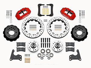 Wilwood Forged Narrow Superlite 6R Big Brake Front Brake Kit (Hub) Parts Laid Out - Red Powder Coat Caliper - SRP Drilled & Slotted Rotor