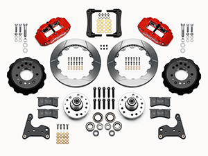 Wilwood Forged Narrow Superlite 6R Big Brake Front Brake Kit (Hub) Parts Laid Out - Red Powder Coat Caliper - GT Slotted Rotor