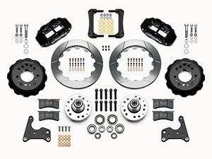 Wilwood Forged Narrow Superlite 6R Big Brake Front Brake Kit (Hub) Parts Laid Out - Black Powder Coat Caliper - GT Slotted Rotor