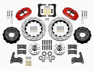 Wilwood Forged Narrow Superlite 6R Big Brake Front Brake Kit (Hub) Parts Laid Out - Red Powder Coat Caliper - SRP Drilled & Slotted Rotor