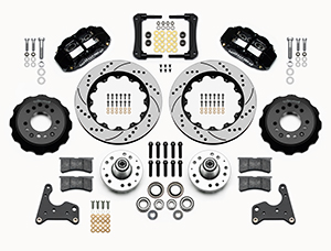 Wilwood Forged Narrow Superlite 6R Big Brake Front Brake Kit (Hub) Parts Laid Out - Black Powder Coat Caliper - SRP Drilled & Slotted Rotor