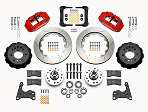 Wilwood Forged Narrow Superlite 6R Big Brake Front Brake Kit (Hub) Parts Laid Out - Red Powder Coat Caliper - GT Slotted Rotor