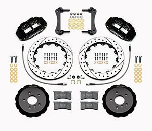 Wilwood Forged Narrow Superlite 6R Big Brake Front Brake Kit (Hat) Parts Laid Out - Black Powder Coat Caliper - SRP Drilled & Slotted Rotor