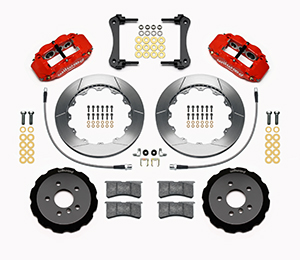 Wilwood Forged Narrow Superlite 6R Big Brake Front Brake Kit (Hat) Parts Laid Out - Red Powder Coat Caliper - GT Slotted Rotor