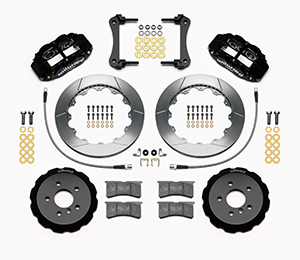 Wilwood Forged Narrow Superlite 6R Big Brake Front Brake Kit (Hat) Parts Laid Out - Black Powder Coat Caliper - GT Slotted Rotor