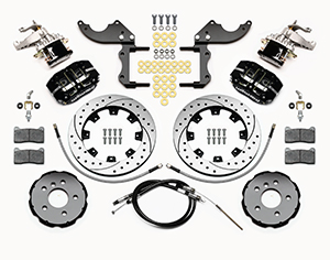 Wilwood Dynapro Radial-MC4 Rear Parking Brake Kit Parts Laid Out - Black Powder Coat Caliper - SRP Drilled & Slotted Rotor